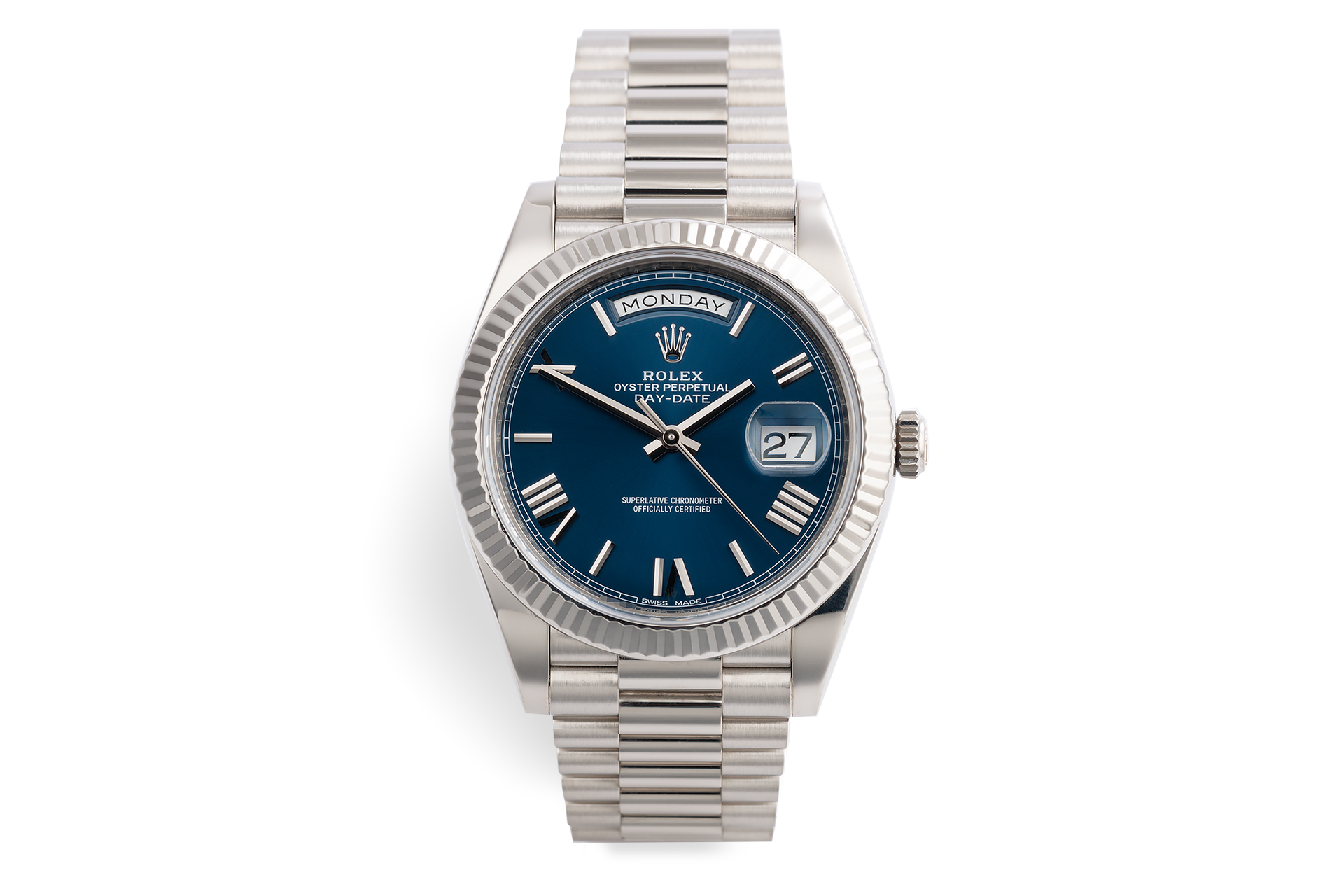 rolex day date 40 white gold blue dial