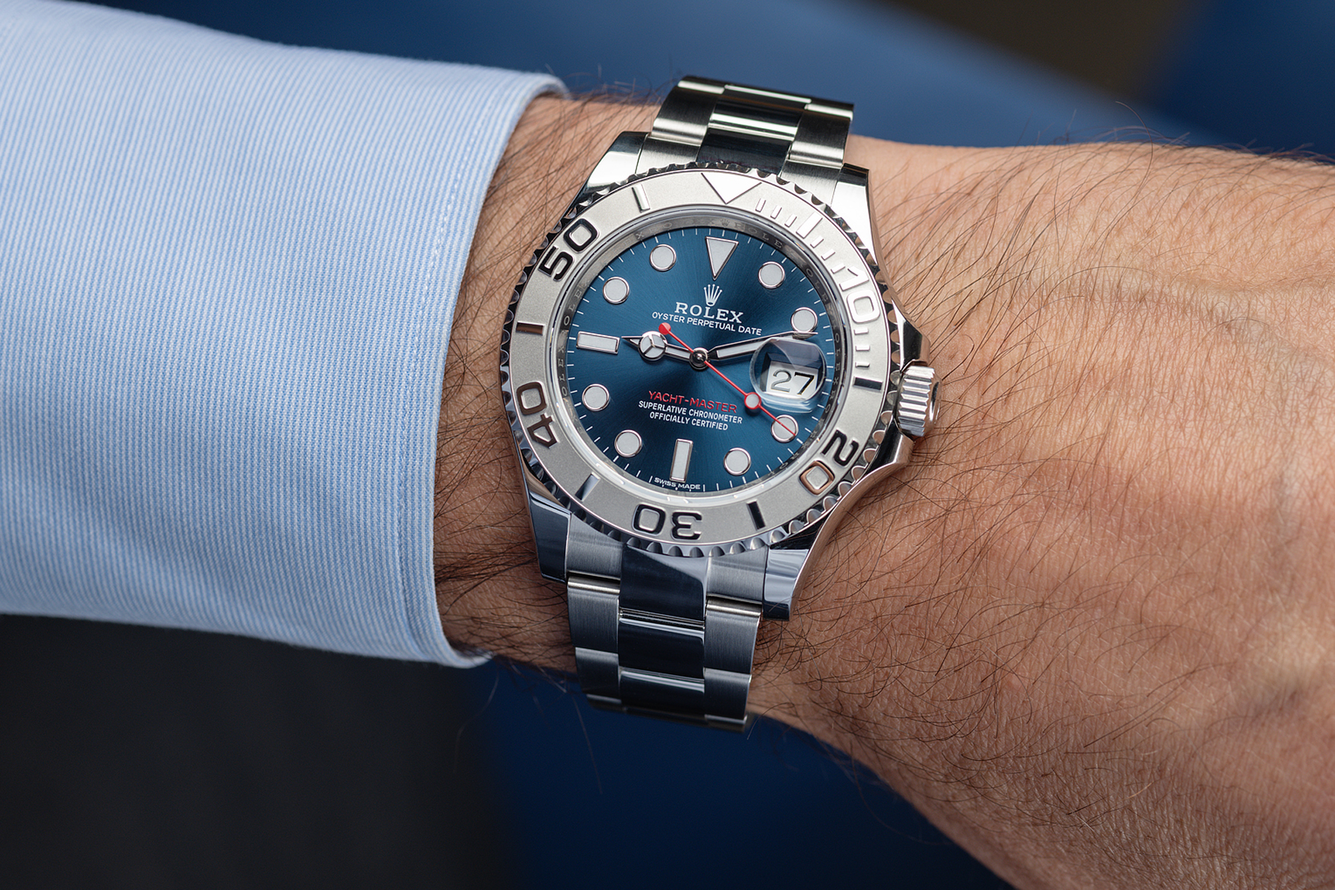 rolex yacht master blue dial on wrist